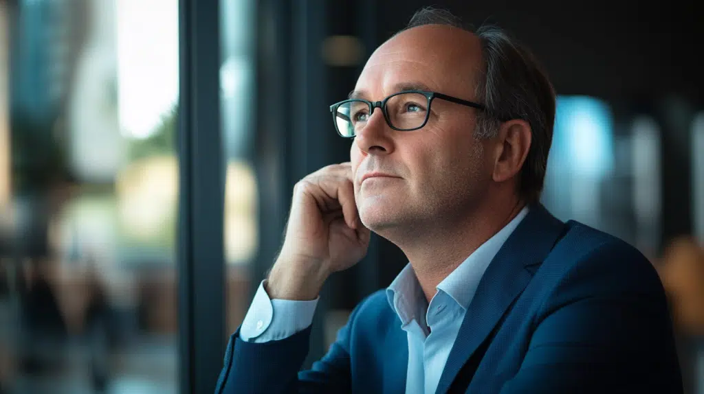 A middle-aged business leader wearing glasses and a suit, sitting thoughtfully by a window with a contemplative expression and natural light illuminating his face and bringing to life the episode of How2-Change words of wisdom with Amaranatho