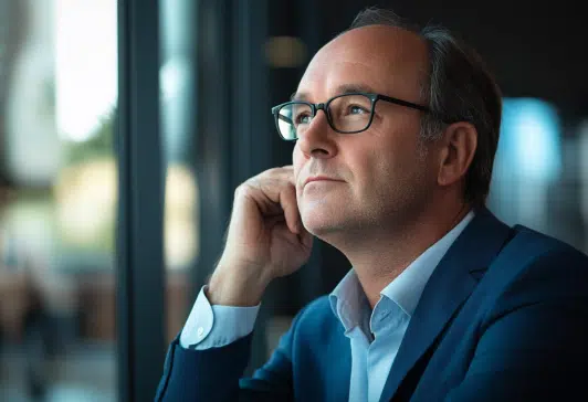 A middle-aged business leader wearing glasses and a suit, sitting thoughtfully by a window with a contemplative expression and natural light illuminating his face and bringing to life the episode of How2-Change words of wisdom with Amaranatho