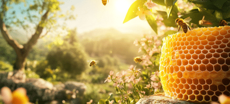 A honeycomb with bees in a beautiful countryside setting on a sunny day, surrounded by lush greenery and blooming flowers