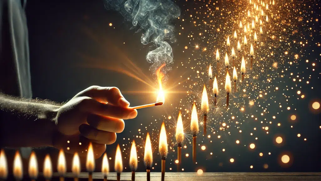 Hand lighting a match to set off a chain reaction of small flames, symbolizing the ignition of belief leading to transformation. Enjoy this episode of How2-Change Words of Wisdom with Tony Nutley