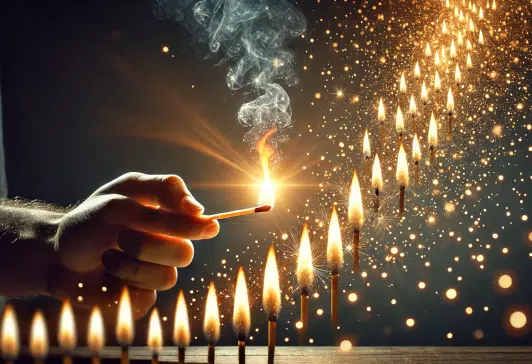 Hand lighting a match to set off a chain reaction of small flames, symbolizing the ignition of belief leading to transformation. Enjoy this episode of How2-Change Words of Wisdom with Tony Nutley