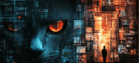 A visually striking image combining Schrödinger's Cat with a sliding doors metaphor, Artificial Intelligence, and Mergers & Acquisitions (M&A). The left side features a close-up of a holographic cat with glowing orange eyes, surrounded by digital patterns symbolising AI. The right side shows a futuristic corridor with sliding doors, representing a critical decision-making moment in M&A. The composition evokes both opportunity and uncertainty