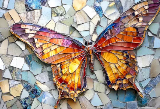 A colourful butterfly mosaic representing transformation in the How2-Change Podcast episode, symbolising the Mosaic of Change through connected insights