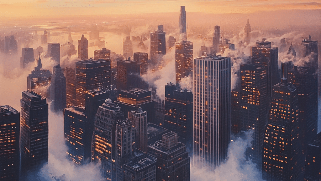 A foggy cityscape illuminated by the warm light of dawn, symbolising clarity in business transformation, inspired by words of wisdom from Dan Adler, Private Equity Partner known for his practice of returning calls the same day