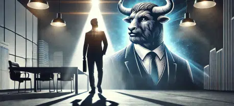 A confident leader illuminated by a bright guiding light, symbolising mentorship, with a shadowy minotaur figure in the background representing challenges in a corporate setting