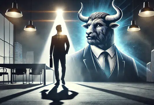 A confident leader illuminated by a bright guiding light, symbolising mentorship, with a shadowy minotaur figure in the background representing challenges in a corporate setting