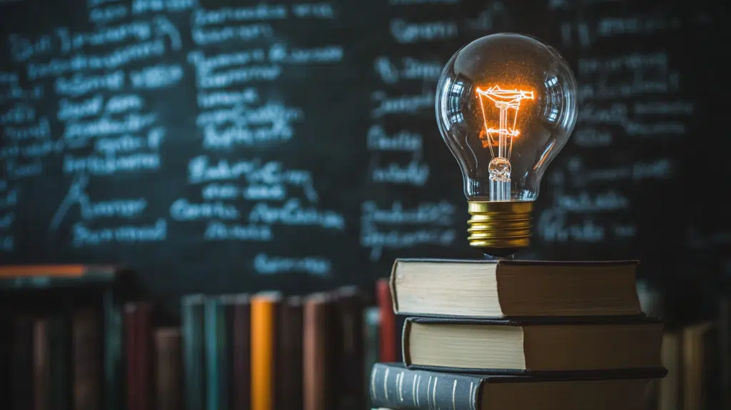 Light bulb glowing on books with a chalkboard background, representing AI and NLP for transformation and knowledge