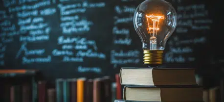 Light bulb glowing on books with a chalkboard background, representing AI and NLP for transformation and knowledge