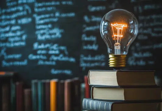 Light bulb glowing on books with a chalkboard background, representing AI and NLP for transformation and knowledge